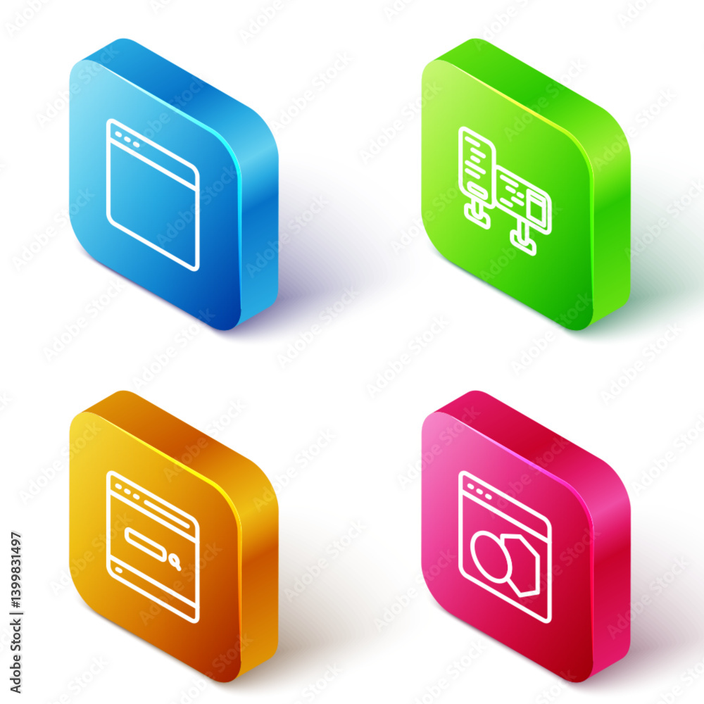 Poster set isometric line browser window, computer monitor screen, search engine and software icon. vector