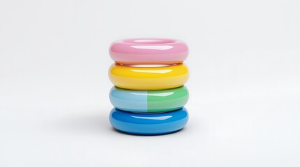 A stack of colorful, glossy rings, featuring shades of pink, yellow, green, and blue, arranged neatly on a simple white background.