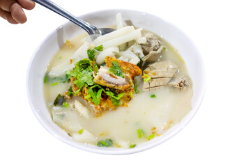 Top view of Rolled Rice Noodles with crispy pork, focus selective