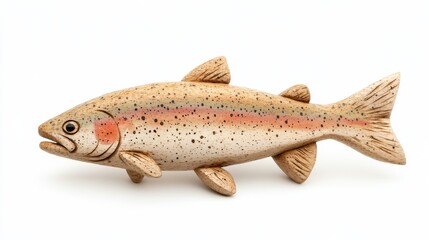 Naklejka premium a rainbow trout carved from wood, rustic style art, textured natural finish, isolated on white background