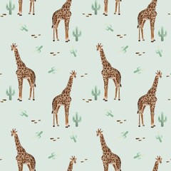 seamless pattern watercolor giraffes and cactus