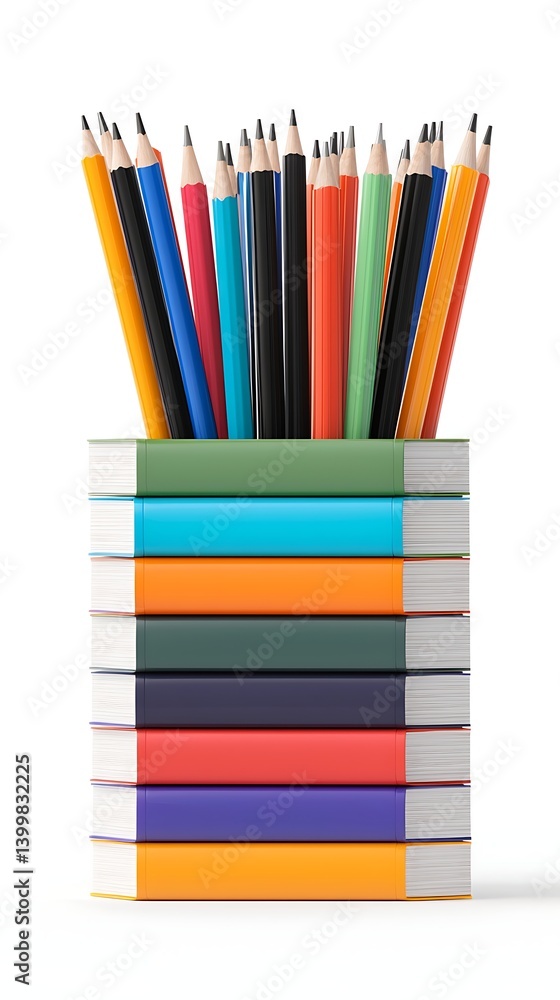 Poster a stack of colorful books topped with a variety of pencils, creating a vibrant and organized display