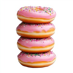 Delicious Pink Frosted Donuts Stacked High with Colorful Sprinkles on a White Background
