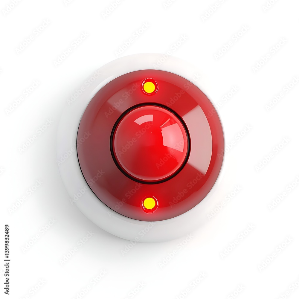 Poster a circular red button with two yellow indicator lights on a white base, often used for alerts or eme