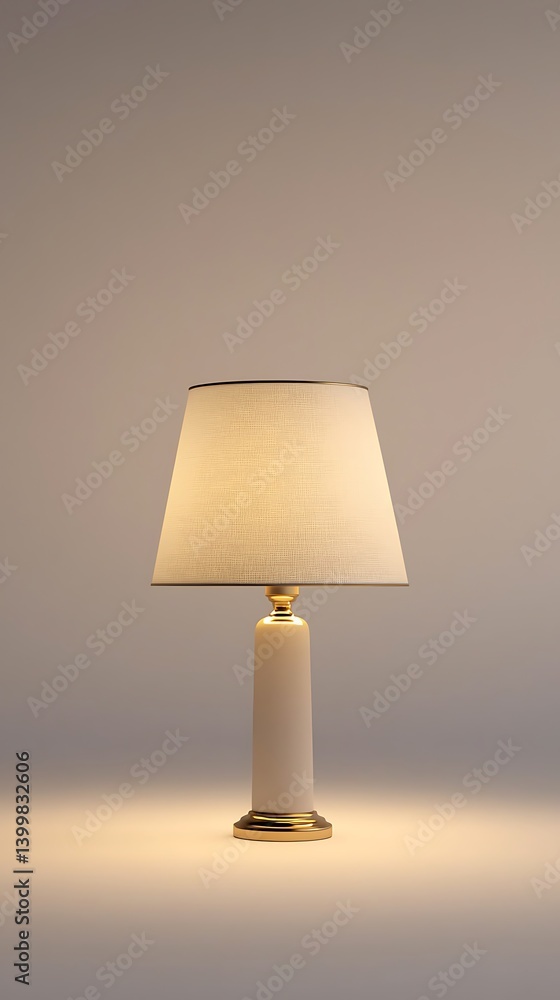 Poster a stylish lamp with a textured shade, softly illuminating the surrounding space against a minimalist