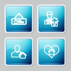 Set line Hanging sign with For Rent, Realtor, and House heart shape icon. Vector