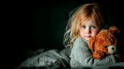 a sad child holding a teddy bear - concept of child abuse