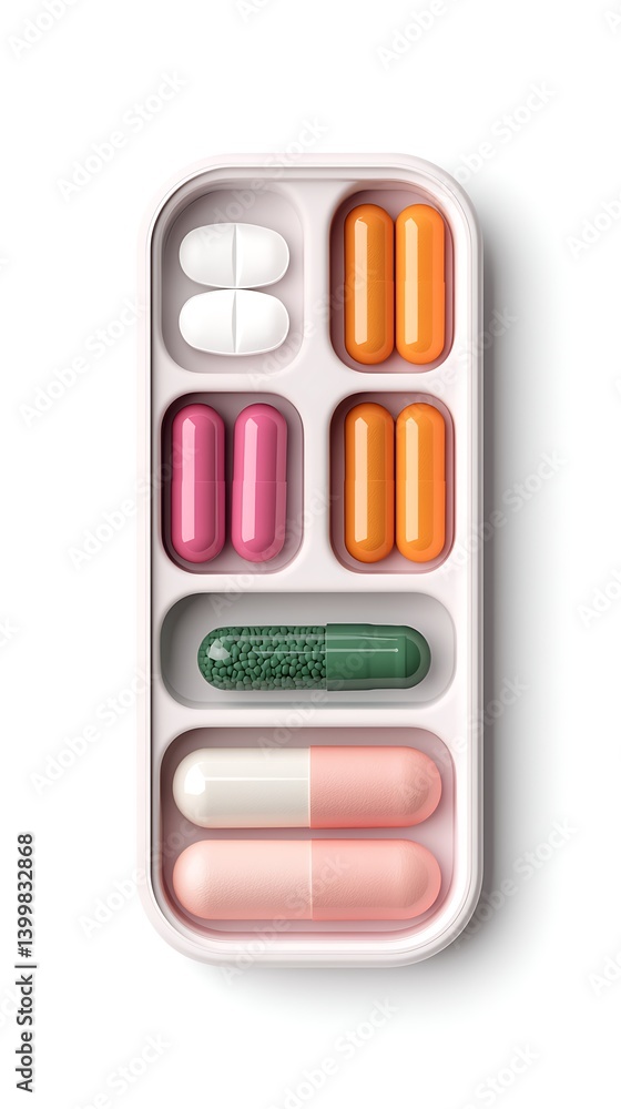Poster a neatly organized pill organizer featuring various colorful capsules and tablets in different shape