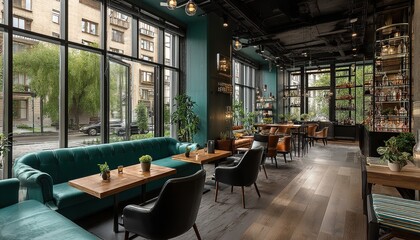 Modern caf&eacute; interior with teal leather sofas and walnut wood tables under pendant lamps, floor-to-ceiling windows framing urban greenery and brick buildings