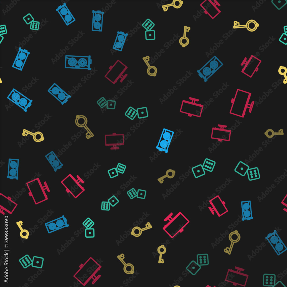 Poster set line video graphic card, game dice, ancient key for game and computer monitor on seamless patter