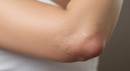 Fototapeta premium Dry and flaky skin on elbow area in natural light showing signs of irritation and lack of moisture during autumn season