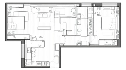 Architectural blueprint-style floor plan with clean linework showing living room sofa, dining table, kitchen cabinetry, monochrome technical illustration on grid paper