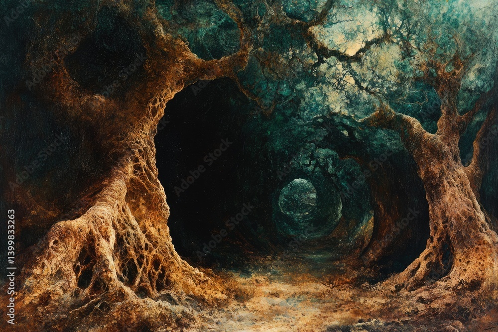 Poster Enigmatic path through ancient, gnarled trees, bathed in ethereal light.