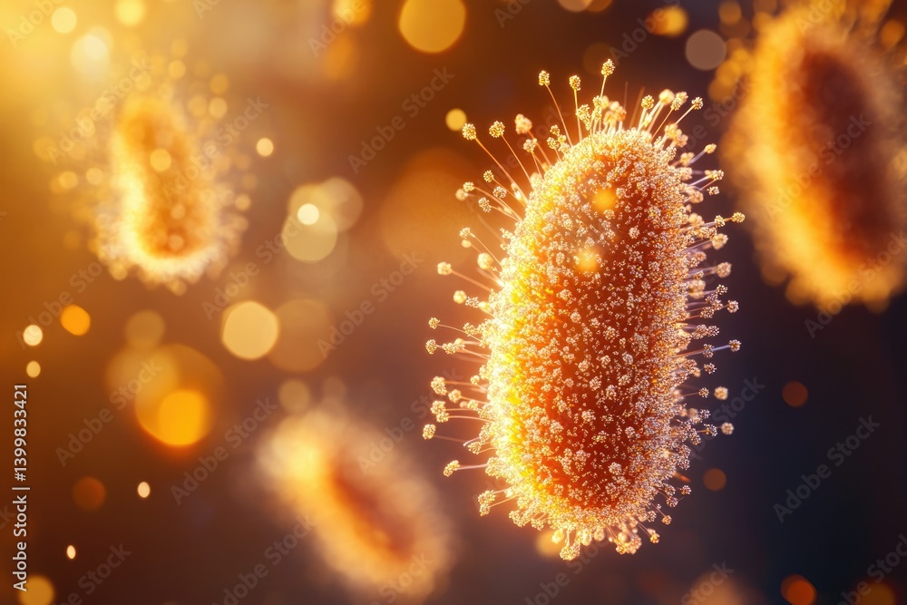 Aufkleber microscopic view of rod-shaped bacteria with numerous pili, illuminated in warm golden light.