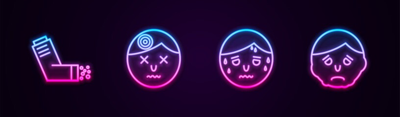Set line Inhaler, Man having headache, with excessive sweating and Inflammation on face. Glowing neon icon. Vector