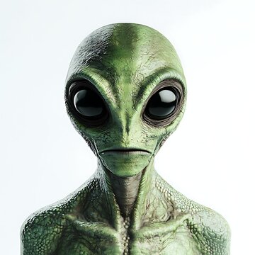 A detailed alien figure with green skin, large black eyes, and a distinctive head shape, appearing mysterious and otherworldly against a white background.