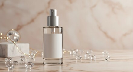 Perfume bottle mockup on marble background with diamonds for cosmetic branding and product presentation