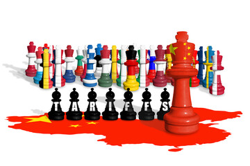 Chess made from EU members and China flags. Europe Union and China trade, tariffs, customs and duty...