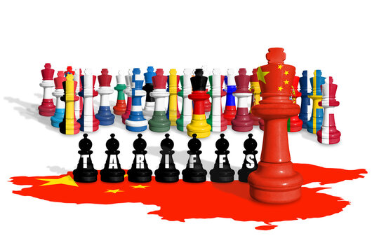 Chess made from EU members and China flags. Europe Union and China trade, tariffs, customs and duty war - Powered by Adobe