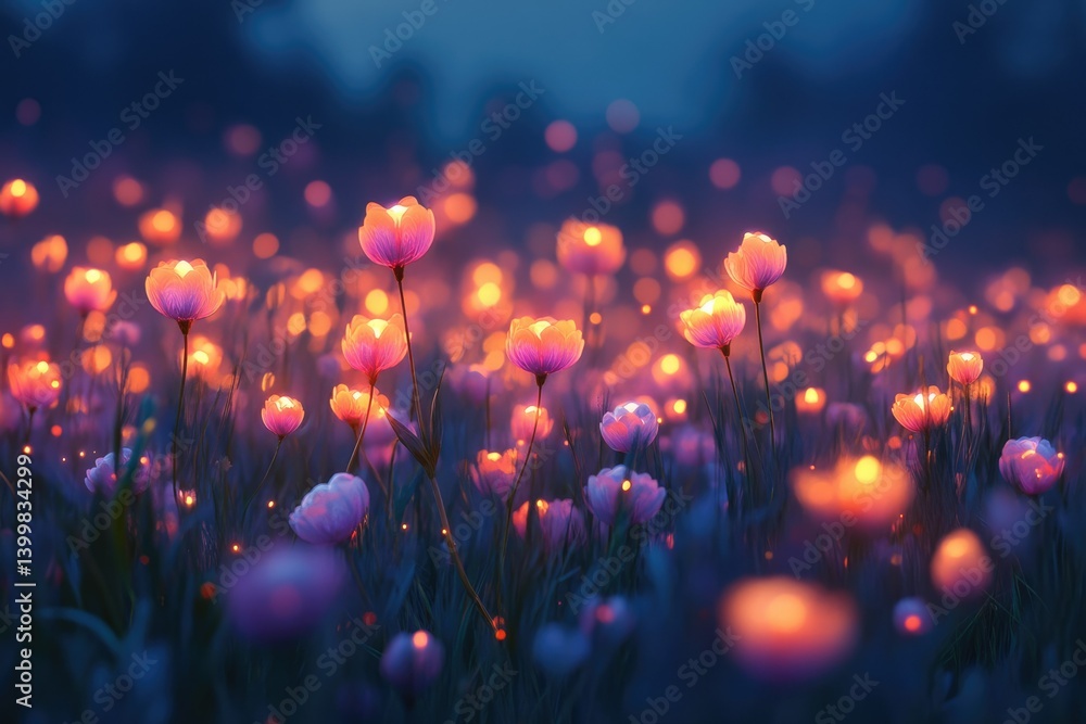 Poster glowing flowers illuminate a magical field at night, creating a dreamy and enchanting scene.