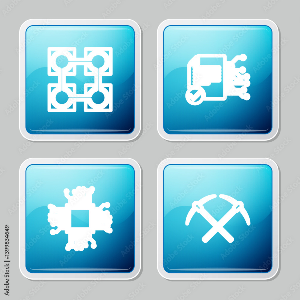 Poster set line blockchain technology, smart contract, processor and crossed pickaxe icon. vector
