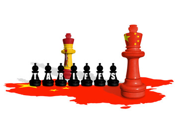 Chess made from Spain and China flags. Europe Union and China trade, tariffs, customs and duty war