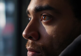 Obraz premium Close-up of a contemplative man gazing out a window, illuminated by soft natural light.