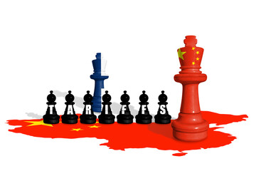 Chess made from Finland and China flags. Europe Union and China trade, tariffs, customs and duty war