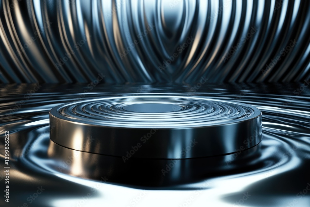 Poster a circular metallic platform rests on a rippling, reflective surface, set against a backdrop of dark