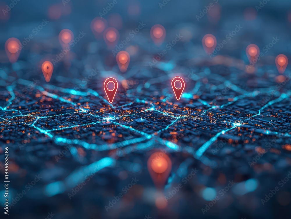 Poster city with abstract red map pointer marks a location on a dark glowing