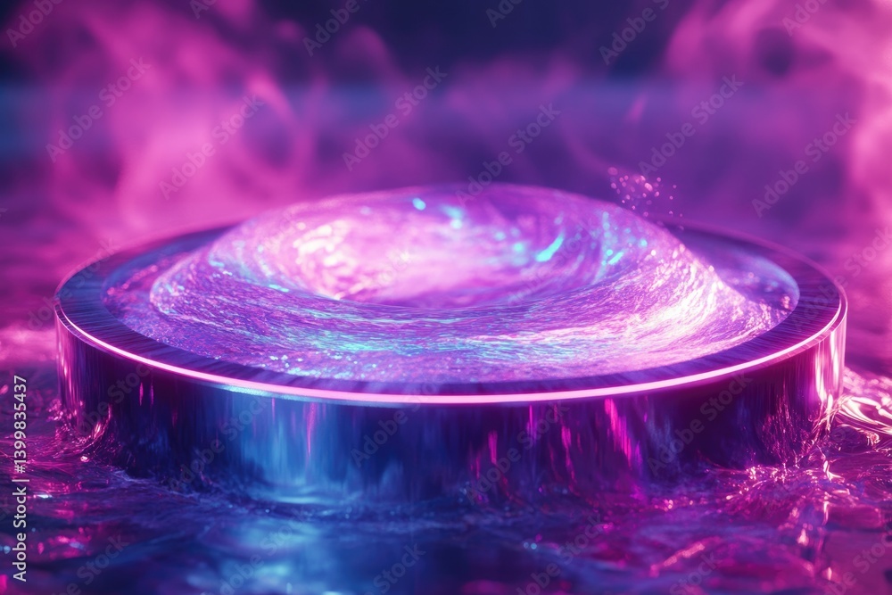 Poster neon-lit swirling water in a metallic basin, creating a mesmerizing, futuristic scene.