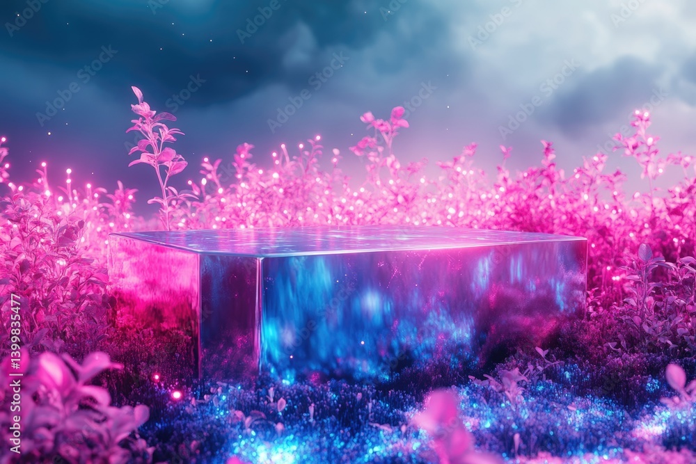 Poster a reflective, cube-shaped platform sits amidst a field of glowing pink plants under a twilight sky.