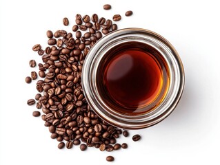 Fototapeta premium Aromatic coffee infusion in glass jar surrounded by roasted beans on clean white background studio shot