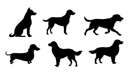 Silhouette illustration showing six different dog breeds in various poses and stances