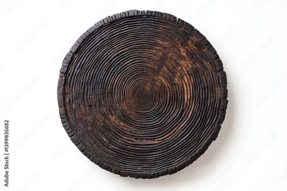 Poster dramatic dark wood carving with concentric circles on white background creating a captivating visual