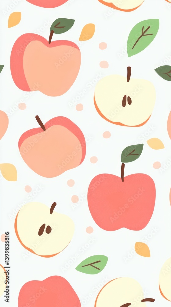 Poster charming apple pattern with leaves and dots on a white background seamless design for textile and wa