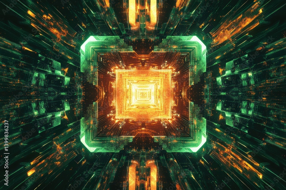 Poster abstract digital art depicting a glowing, symmetrical tunnel with orange and green hues, creating a 