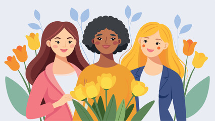 A group of happy women standing together holding yellow tulips in their hands. They are smiling, celebrating a special event, creating a warm and friendly atmosphere. Light background.