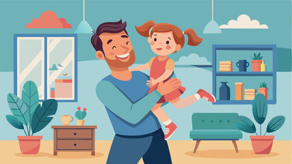 A father plays with his daughter at home, lifting her into the air. The room is filled with a joyful atmosphere filled with smiles and laughter. Family connection.