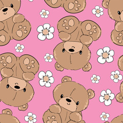 Cute Teddy Bear and flowers pattern seamless, vector illustration Hand Drawn Cute print design