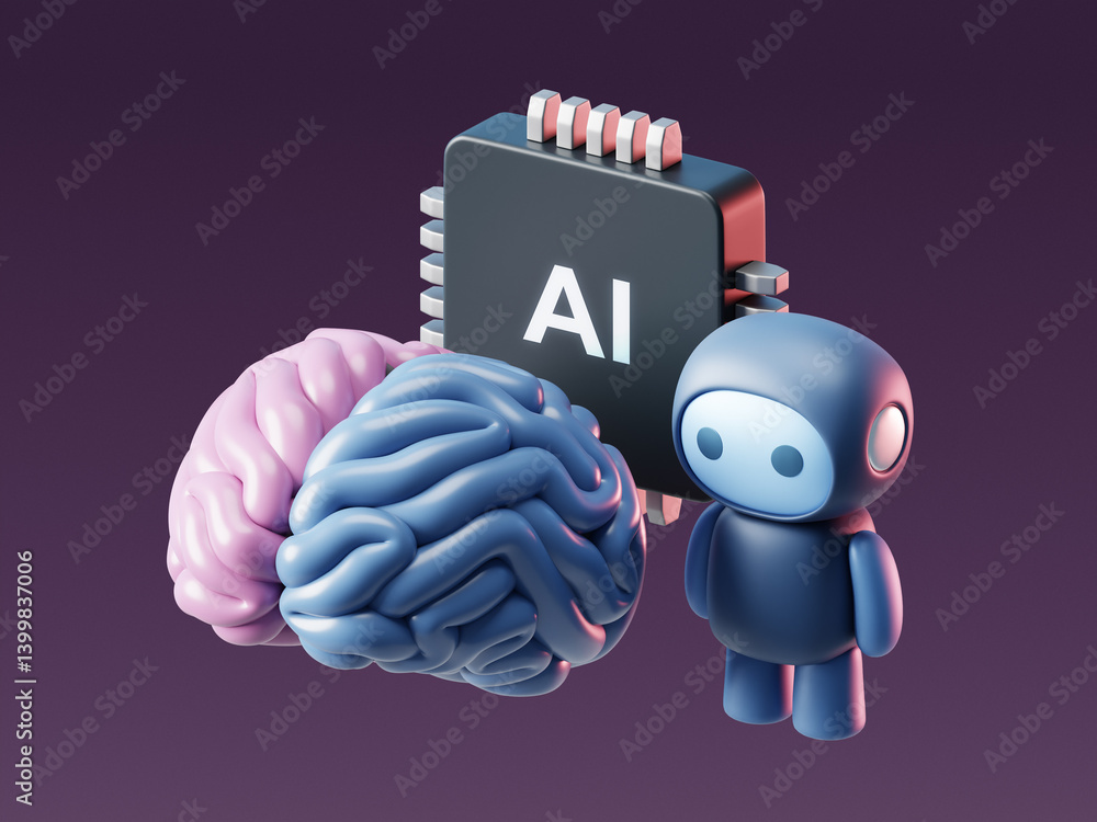 Poster 3d ai brain with artificial intelligence technology and neural digital data machine.