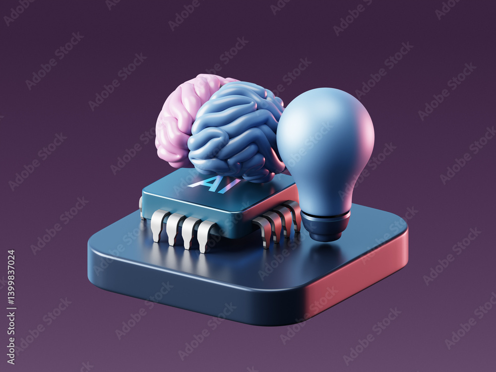 Poster 3d ai brain with artificial intelligence technology and neural digital data machine.
