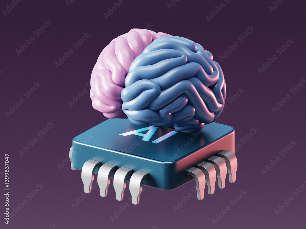 Poster 3d ai brain with artificial intelligence technology and neural digital data machine.
