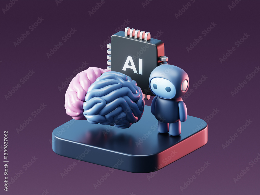 Poster 3d ai brain with artificial intelligence technology and neural digital data machine.