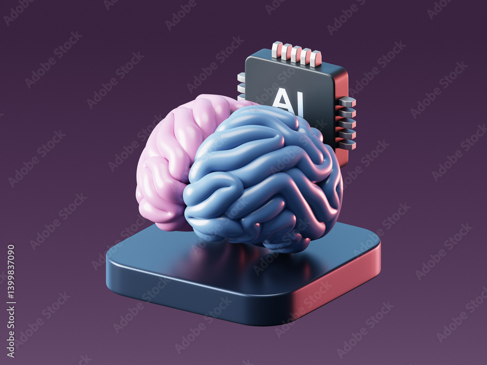 Poster 3d ai brain with artificial intelligence technology and neural digital data machine.