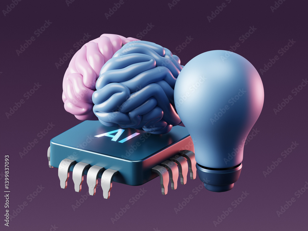 Poster 3d ai brain with artificial intelligence technology and neural digital data machine.