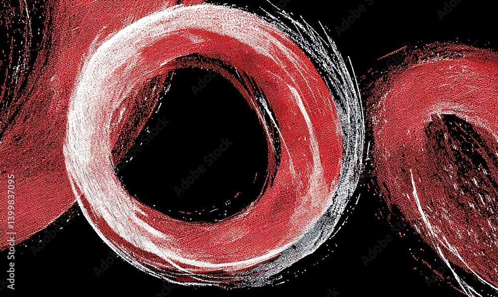 Wall mural minimal and random broad red and white circular brushstrokes on black canvas, generative ai