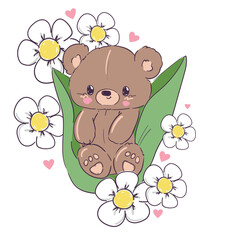 Cute teddy bear and little flowers vector hand drawn illustration cute print design for kids 
