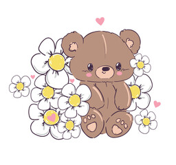 Cute teddy bear and little flowers vector hand drawn illustration cute print design for kids 