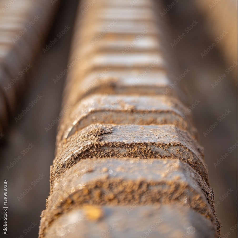 Poster close up capture of rusty metal bars with dirt in a row showing industrial strength and weathered te